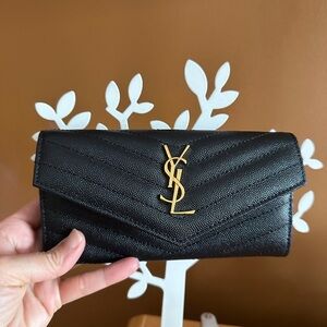 Saint Laurent Black Chevron Leather Continental Wallet with Gold YSL